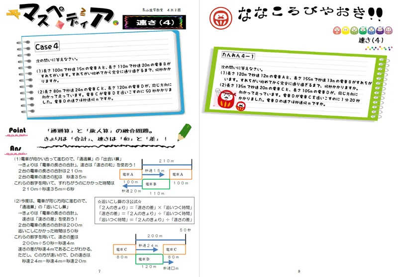 算数教材「マスペディア」の見開き。速さの問題と、図解付きの解説