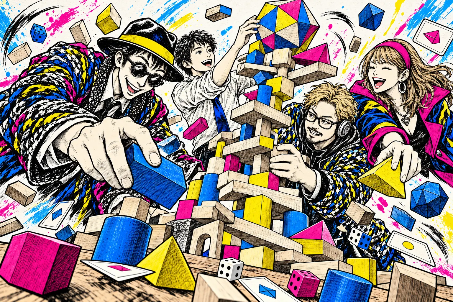 大胆なブロックの挑戦に、笑い、驚き、全力で夢中になるDG教員４人の新作イラスト