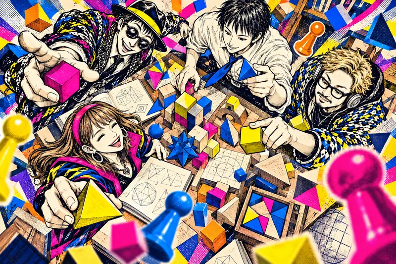 遊びの仕掛けを囲んで本気で楽しむDGの4人の教員のイラスト