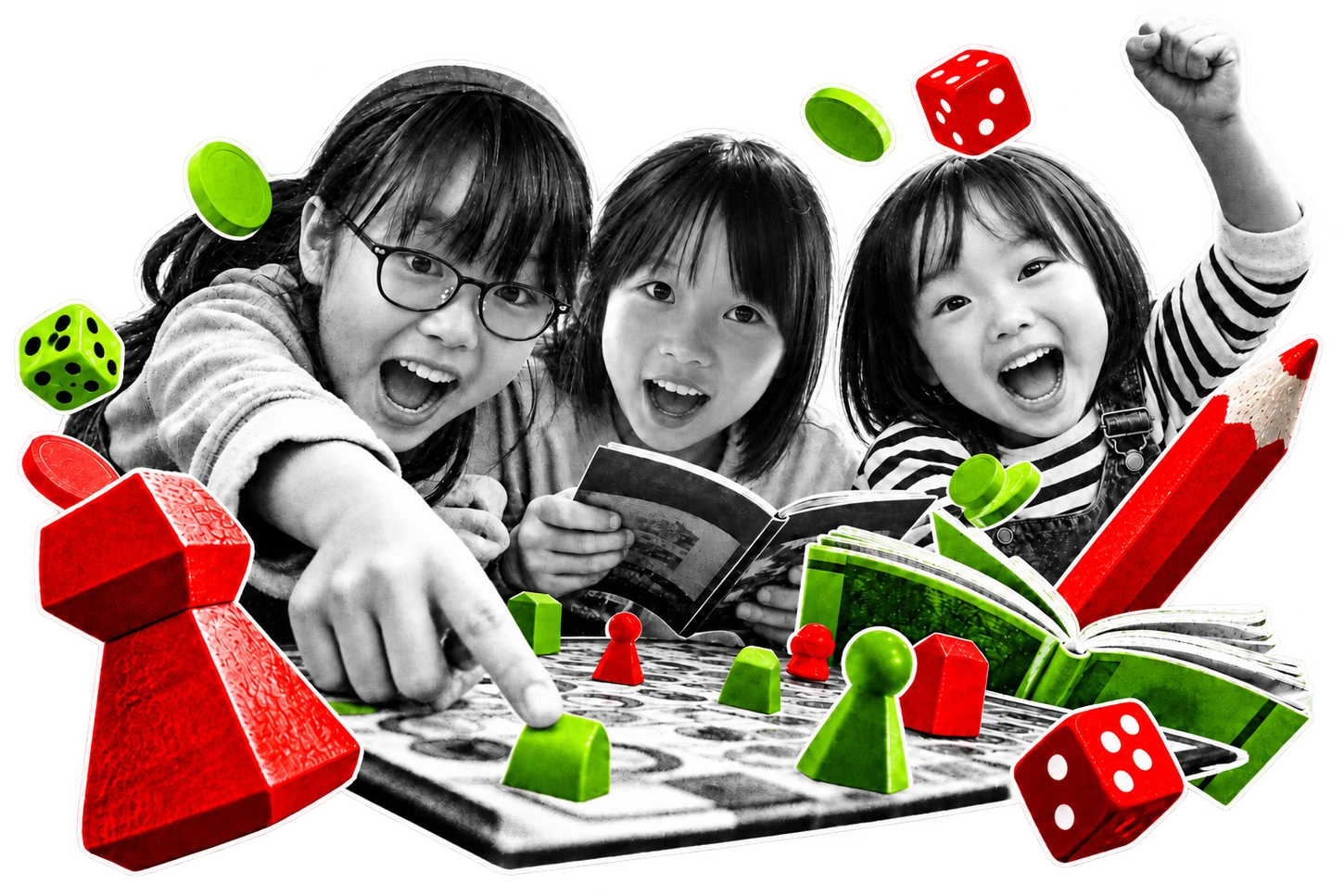 ゲームや本を囲んで夢中になる子どもたちのコラージュ