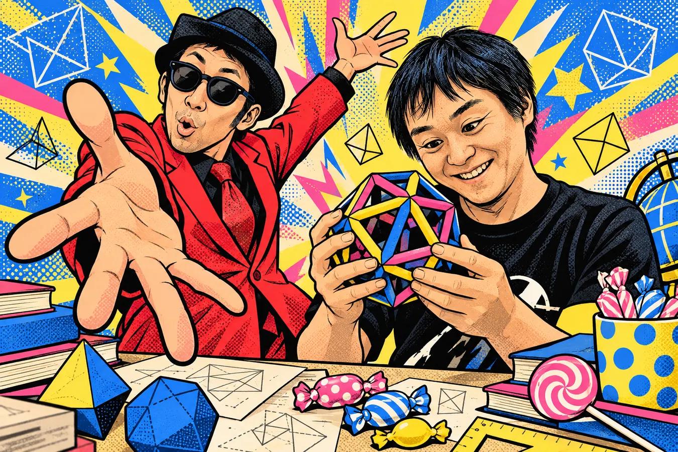 図形に夢中になる櫻井と、全力の身振りで楽しませる奥地を描いたアメコミ風イラスト