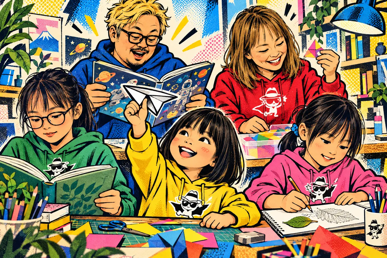 短い金髪の末廣、田川と三姉妹が、それぞれ本や絵や紙飛行機に夢中になっているアメコミ風イラスト