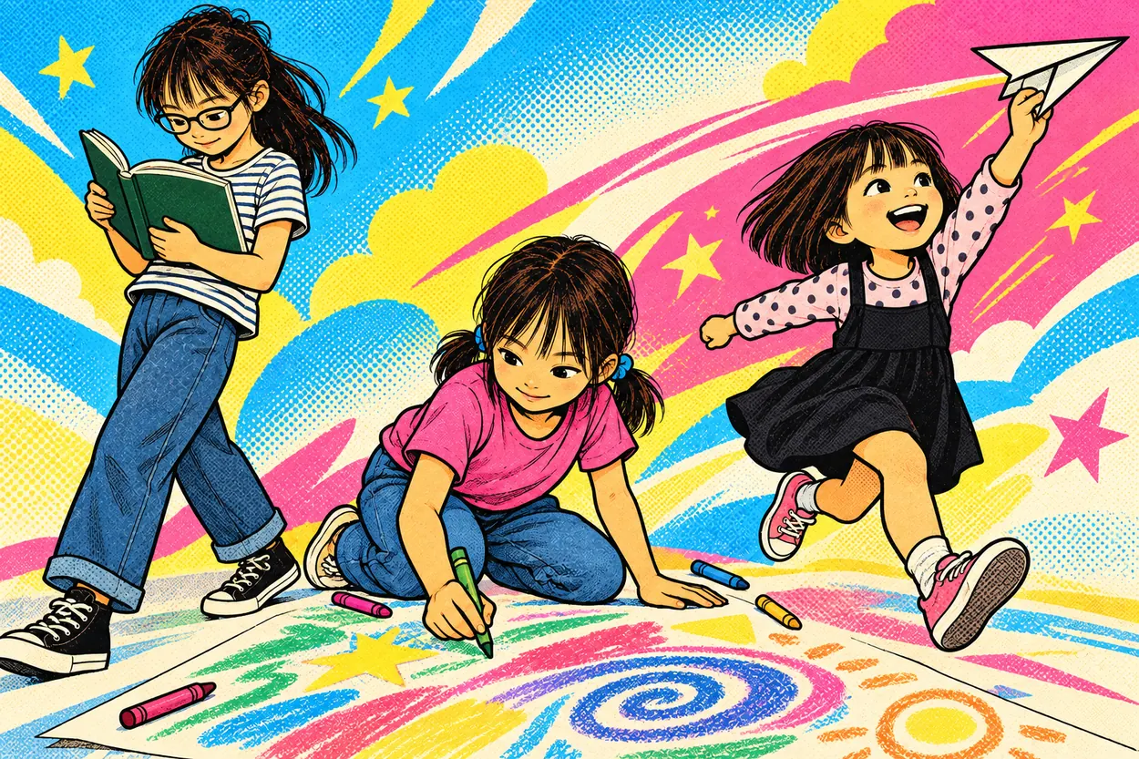 本を読む、絵を描く、紙飛行機を飛ばす。それぞれの世界を広げる三姉妹のイラスト