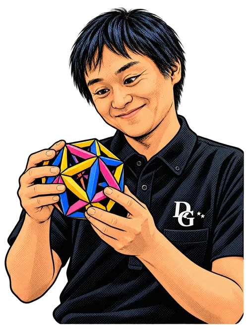 立体パズルを手に、じっと見つめる櫻井のイラスト