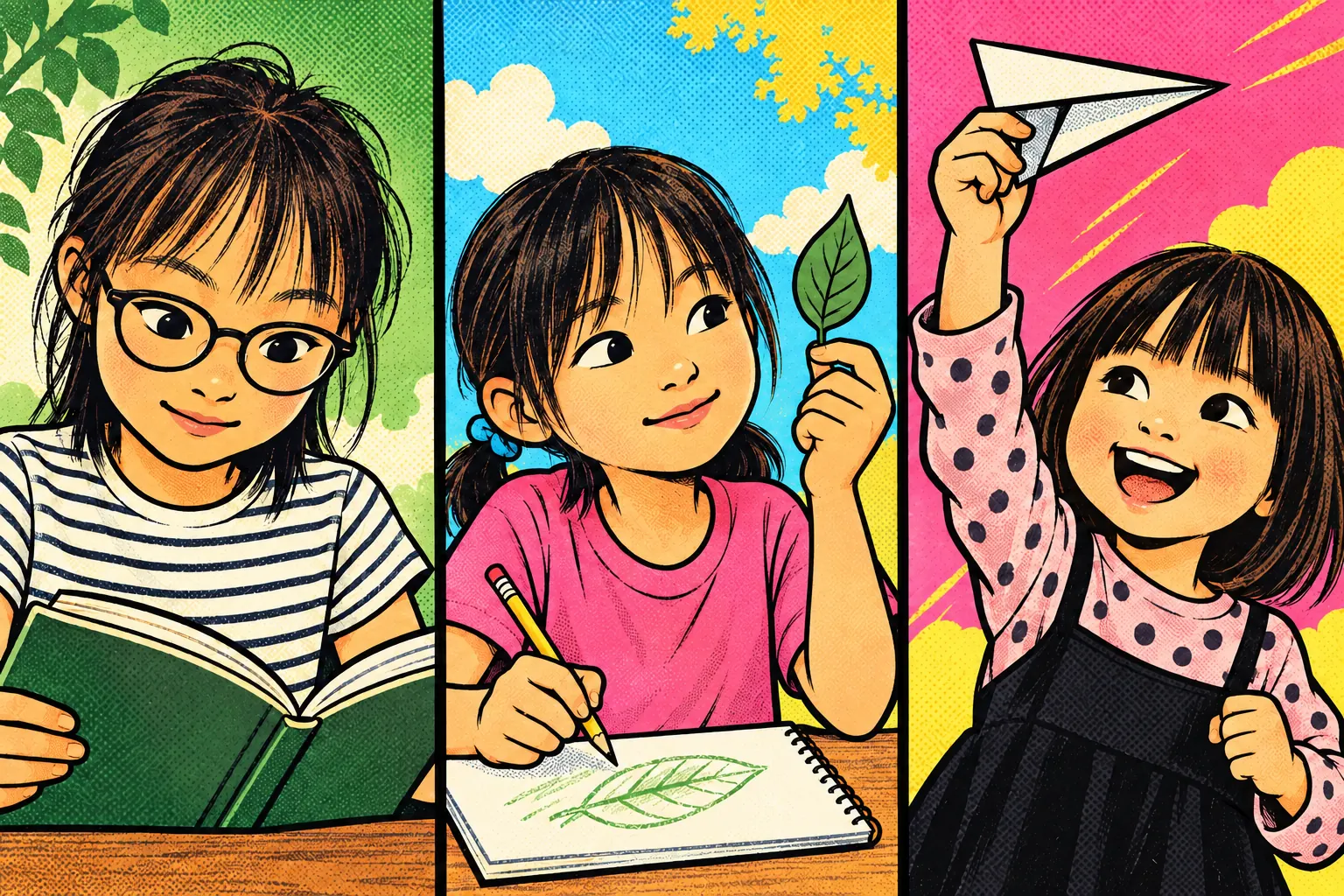 眼鏡をかけ、本を読む長女のイメージイラスト