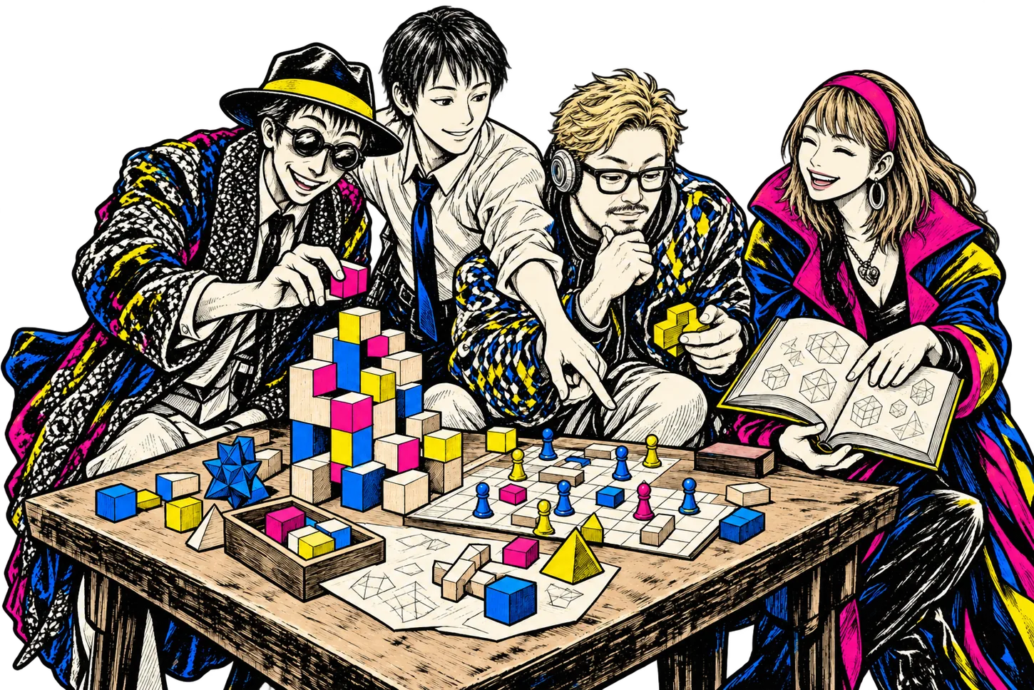 図形のブロック、本、ゲームを囲み、盤面や仲間に視線を向けるDGの４人の教員のイラスト。